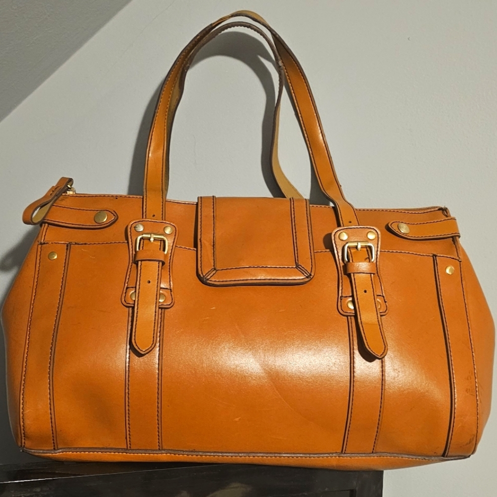 Okpta Designer Leather Satchel Bag, Tan, Double Adjustable Handles, Snap